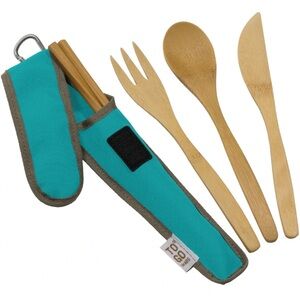Teal Eco-Friendly Bamboo Utensil Set with Teal Case NEW